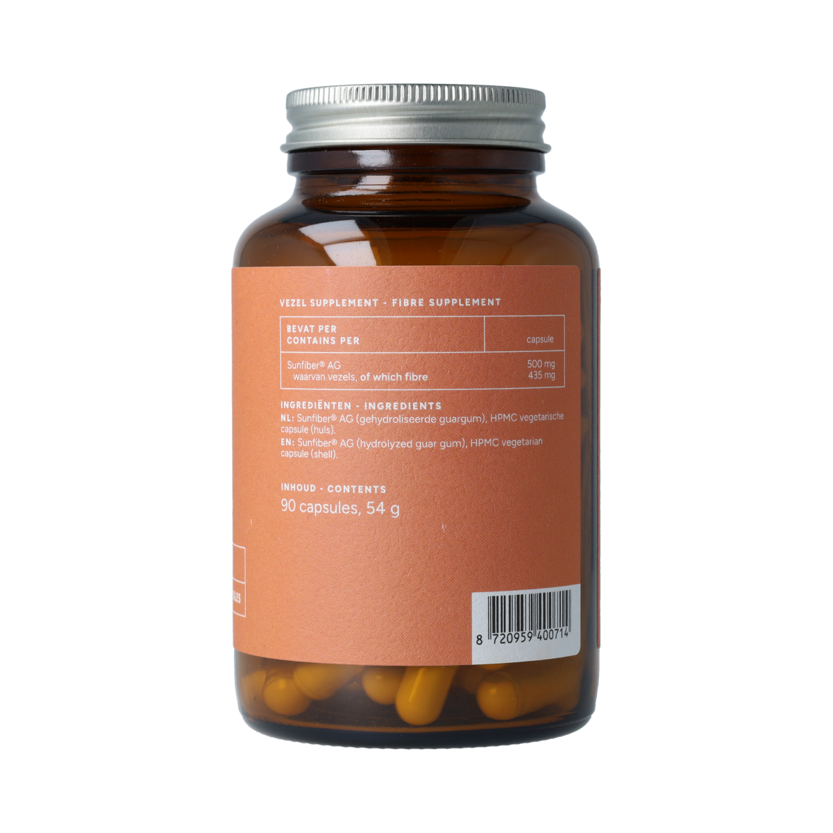 Mattisson Sunfiber vegan capsules in a bottle, herbal supplement for digestion, part of Mattisson Kruidenpreparaten line.