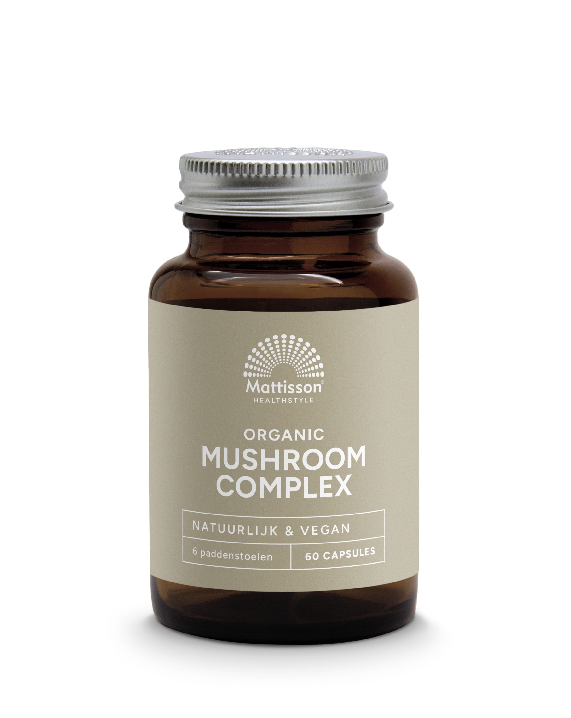 Mattisson Organic Mushroom Complex bio vegetarian capsules in a bottle, showing the supplement packaging and capsules inside.