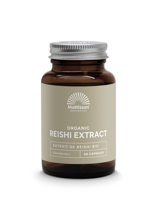 Organic Mattisson Reishi extract capsules, 400mg, in a bottle of 60, herbal supplement for immune support.