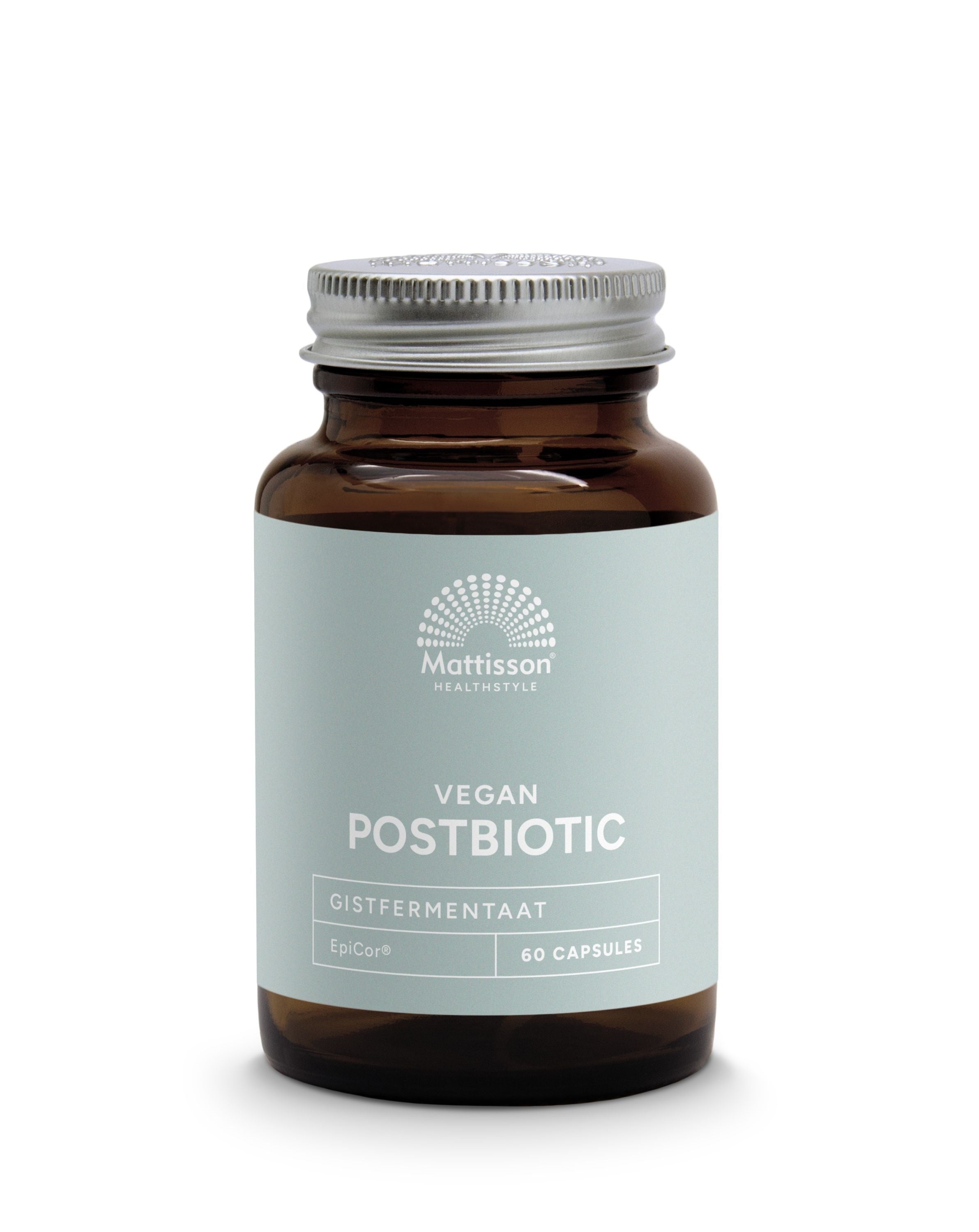 Mattisson Vegan postbiotic EpiCor capsules, 500mg, showing a bottle of 60 capsules with micro-organism supplement details.