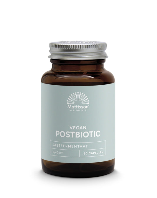 Mattisson Vegan Postbiotic EpiCor 500mg capsules containing micro-organisms for gut health, displayed in a bottle.