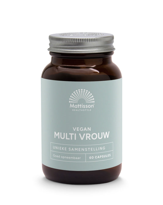 Vegan multi-vitamin capsules for women by Mattisson, 60 easy-to-swallow dietary supplement capsules.