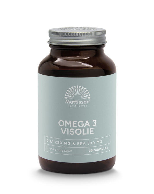 Mattisson FOS omega 3 fish oil capsules with EPA 33% and DHA 22%, showing a close-up of the 90 capsule bottle.
