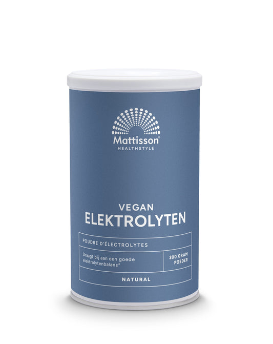 Vegan mineral electrolyte powder by Mattisson, 300g jar with colorful label, natural electrolyte supplement for hydration.
