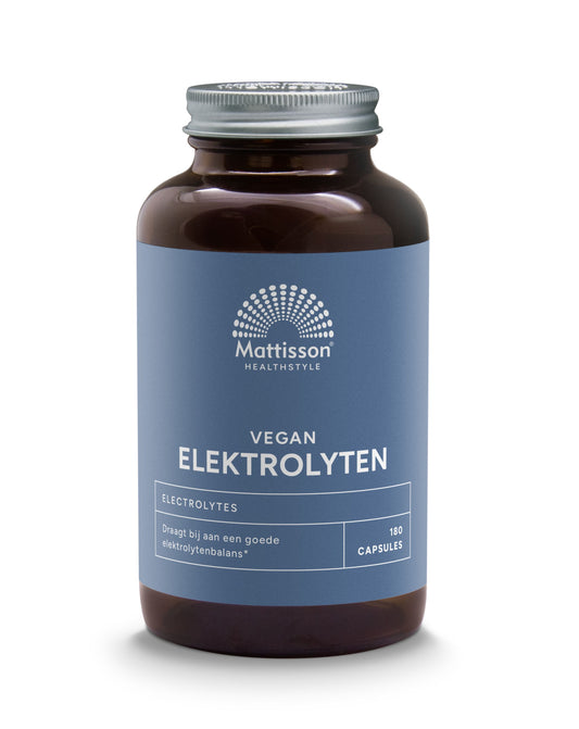 Vegan mineral electrolyte supplement by Mattisson with 180 capsules, displayed in a clear container with capsules inside.