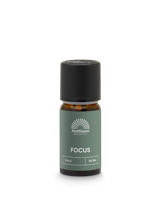Mattisson Focus essential oil in a 10ml bottle, showcasing the amber glass container and label for aromatic wellness.