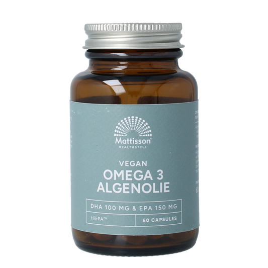 Vegan omega 3 capsules by Mattisson with EPA 150mg and DHA 100mg, displayed in a clear bottle with capsules inside.