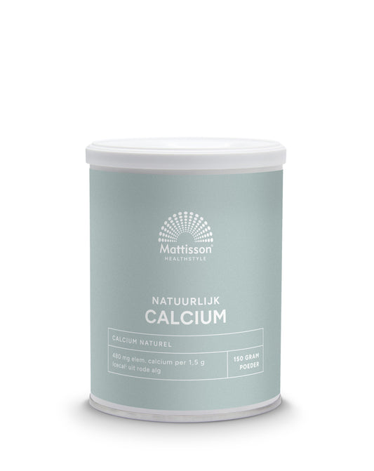 Mattisson Natuurlijk Calcium Icecal mineral supplement, 150g jar with natural calcium minerals, close-up of the product container.