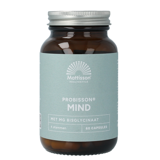Mattisson Probisson mind capsules, dietary supplement with herbal ingredients, in a clear container showing capsules.