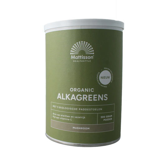 Organic Mattisson Alkagreens mushroom superfood in 300g package, raw and rich in nutrients, displayed in a natural setting.
