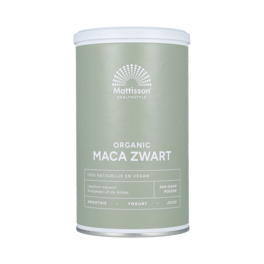 Mattisson Organic Maca Zwart powder in 300g package, raw superfood from black maca root, natural and organic health supplement