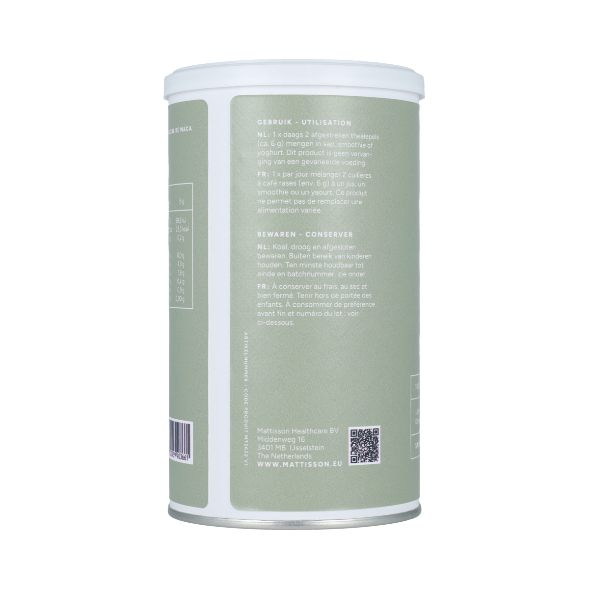 Mattisson Organic Maca Zwart powder in a 300g package, raw superfood supplement with black maca root visible in the image.