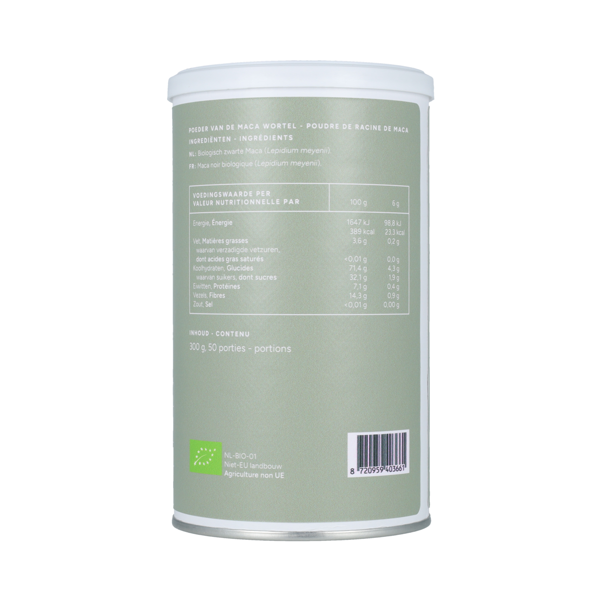 Organic Mattisson Maca Zwart powder in 300g package, raw superfood supplement with dark maca root for energy and vitality.