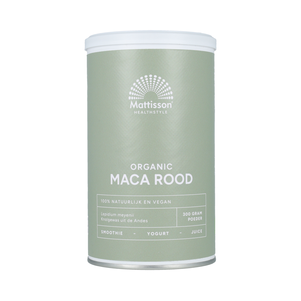 Raw organic Maca root powder from Mattisson in a 300g package, shown in a clear image with the product label visible.