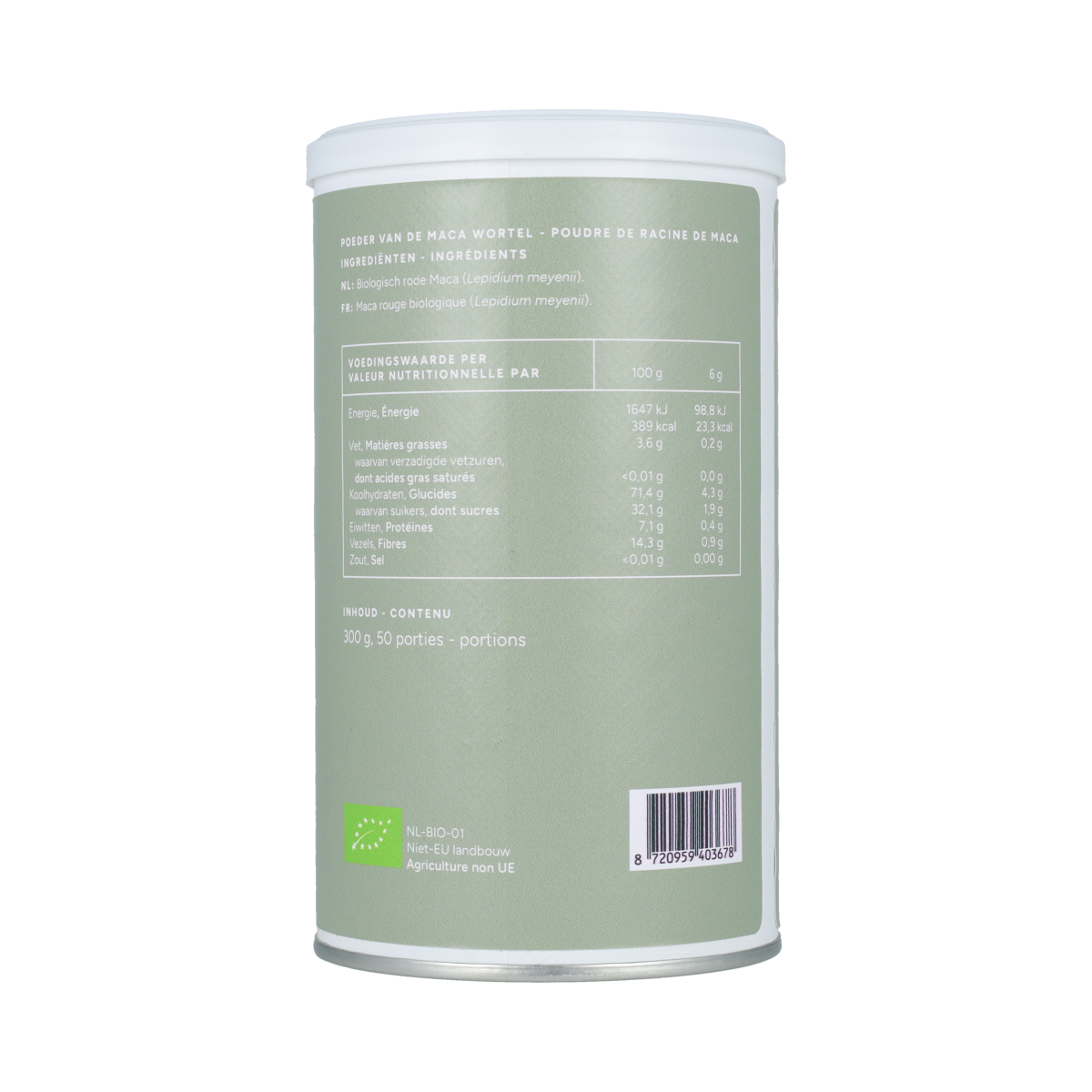 Organic Mattisson Maca Root powder in 300g bag, raw superfood with earthy, reddish-brown color, suitable for health and wellness use.
