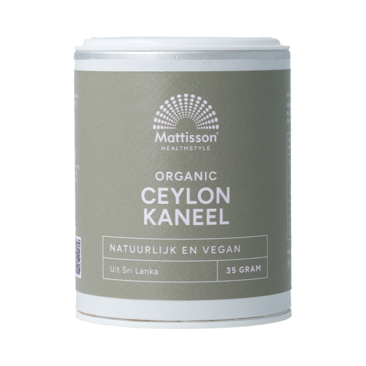 Mattisson Organic Ceylon Kaneel in a 35g package, showing cinnamon sticks and ground cinnamon in a natural setting.