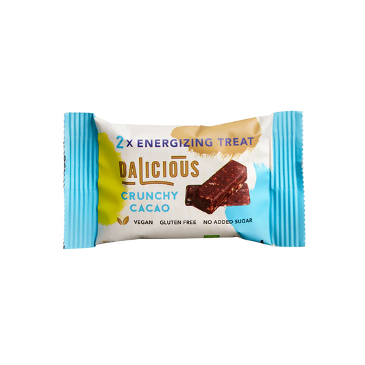 Dalicious Organic Crunchy Cacao Treats snack, 30g, featuring chocolate and crunchy texture in a vibrant packaging.