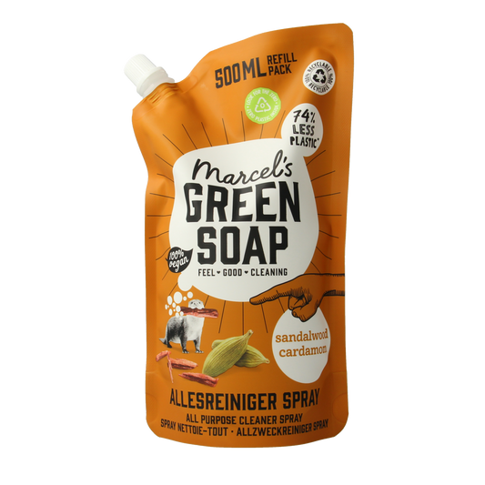 Marcel's Green Soap Allesreiniger spray sandelhout en kardemom in 500ml navulverpakking, schoonmaakartikelen voor huisgebruik