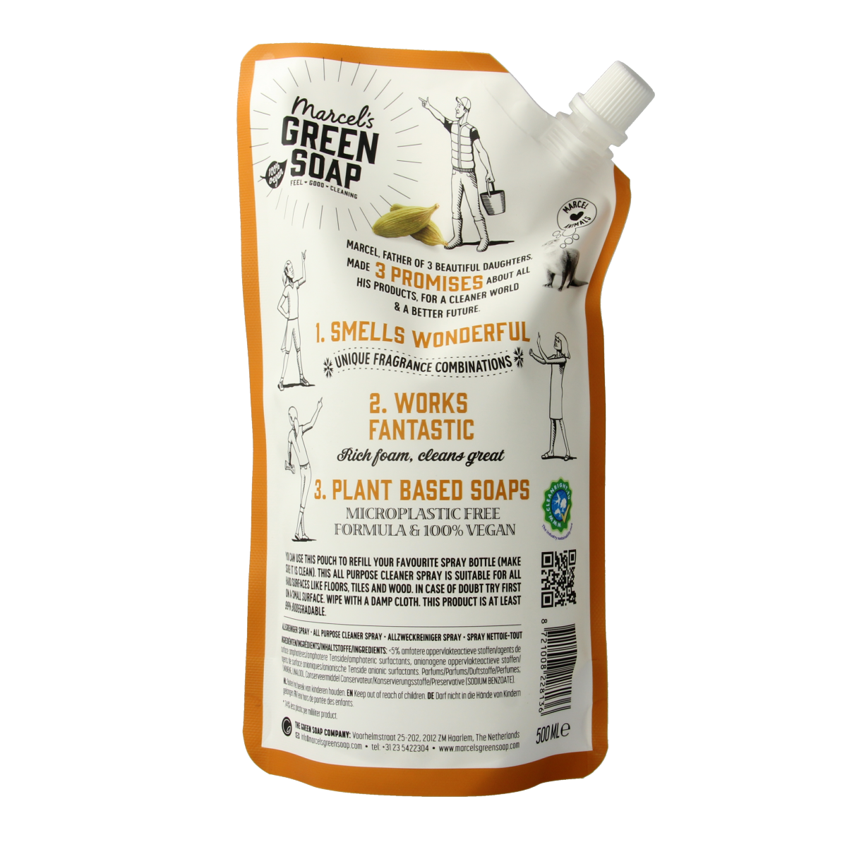 Marcel's Green Soap Allesreiniger spray refill with sandalwood and cardamom scent, 500ml, eco-friendly cleaning product.