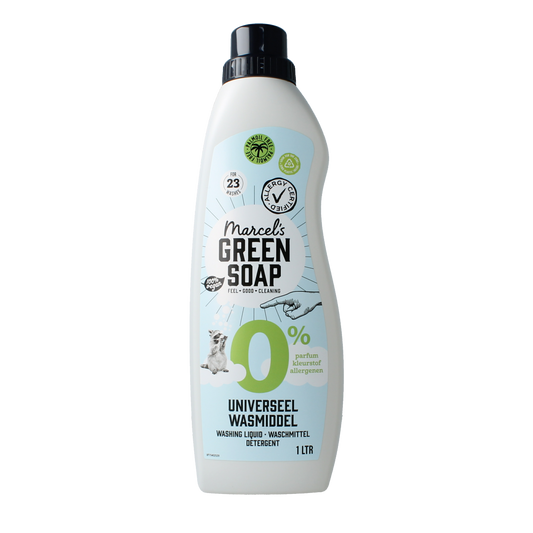 Marcel's Green Soap universeel wasmiddel 0% in 1-liter bottle, eco-friendly laundry detergent for all fabrics.