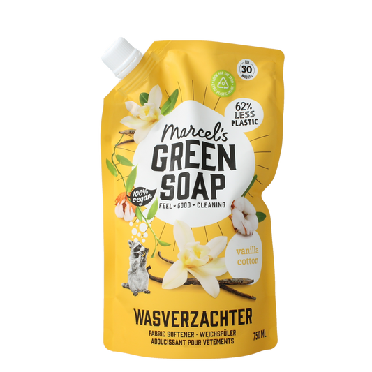 Marcel's Green Soap vanilla and cotton fabric softener refill bottle, 750ml, for fresh, soft laundry.