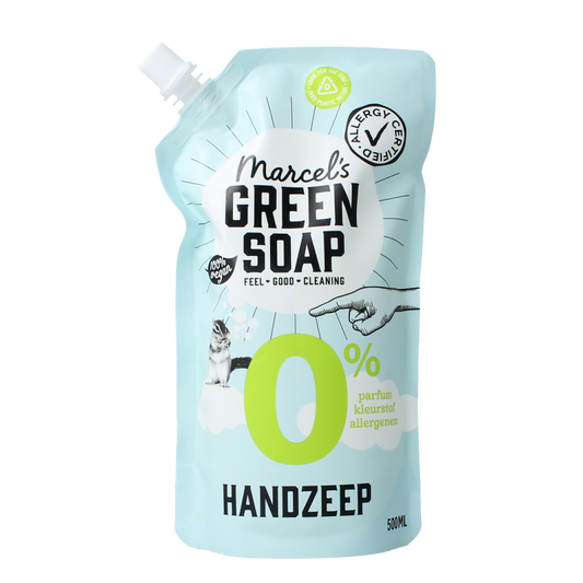 Marcel's Green Soap handzeep refill 500ml bottle with green and white label, natural soap for hand washing.