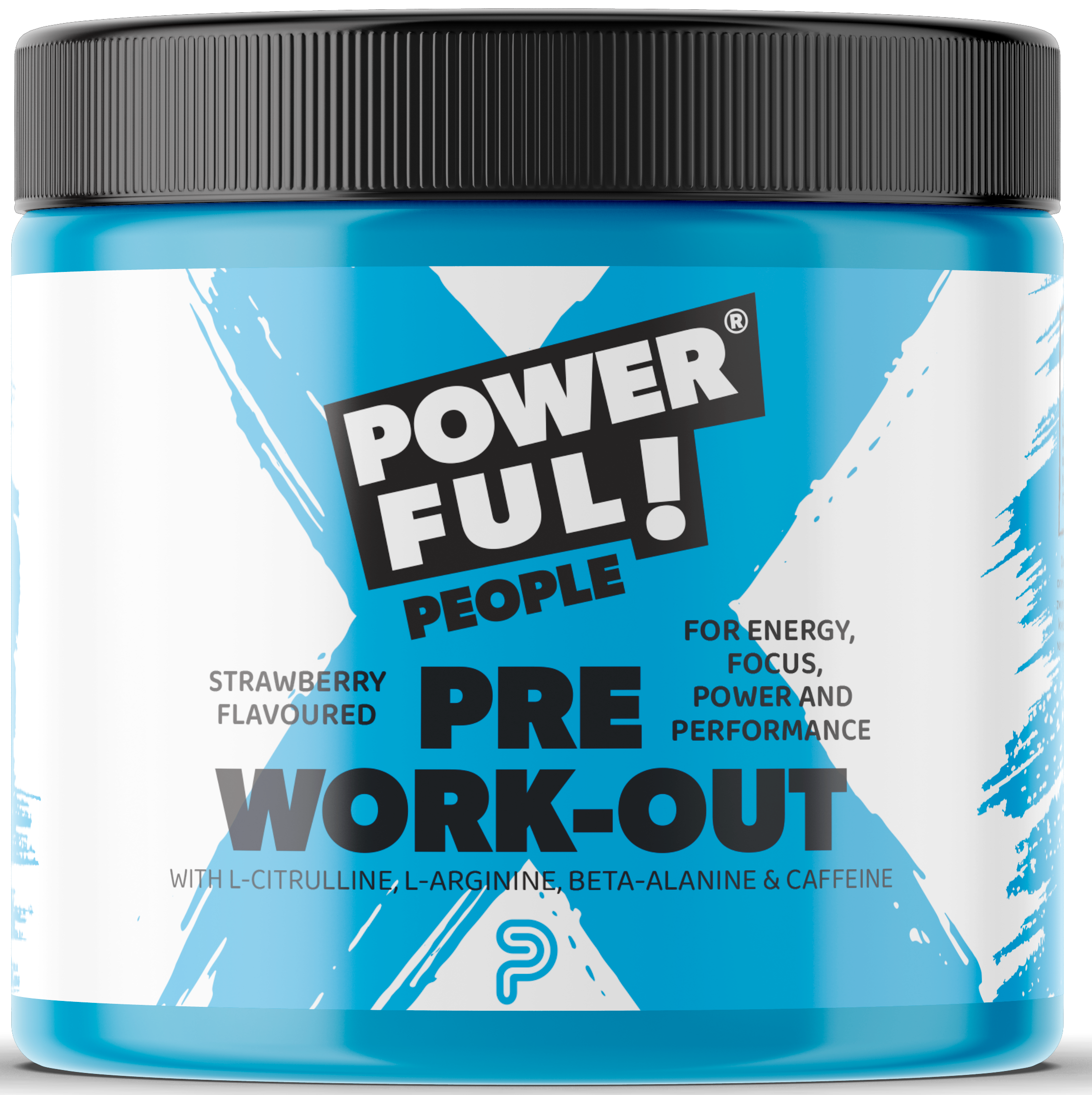 Powerful People Pre-Workout Strawberry flavored vitamin multi supplement in a 250g container with a scoop and label.