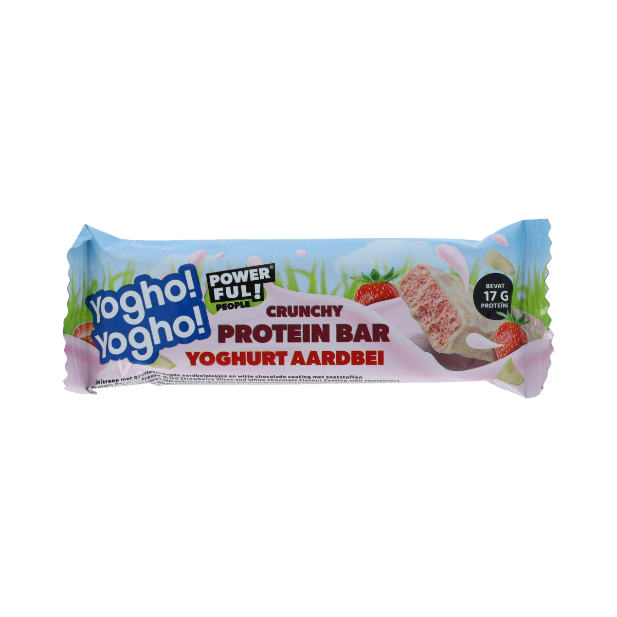 Powerful People Yogurt Strawberry Protein Bar, crunchy snack with strawberry flavor, 55g, in packaging.