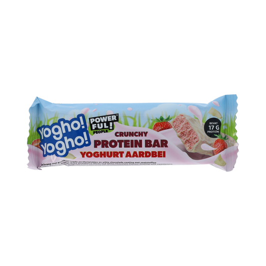 Powerful People Yogurt Strawberry Protein Bar, crunchy snack with strawberry flavor, 55g, in packaging.