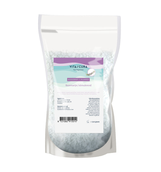 Vitacura Magnesium zout flakes with rosemary for bath and shower, 500 grams, showing flaky salt with rosemary sprigs.