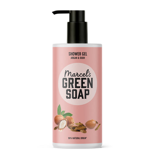 Marcel's Green Soap Argan & Oudh shower gel in a 300ml bottle, natural bad en douche product with green and brown packaging.