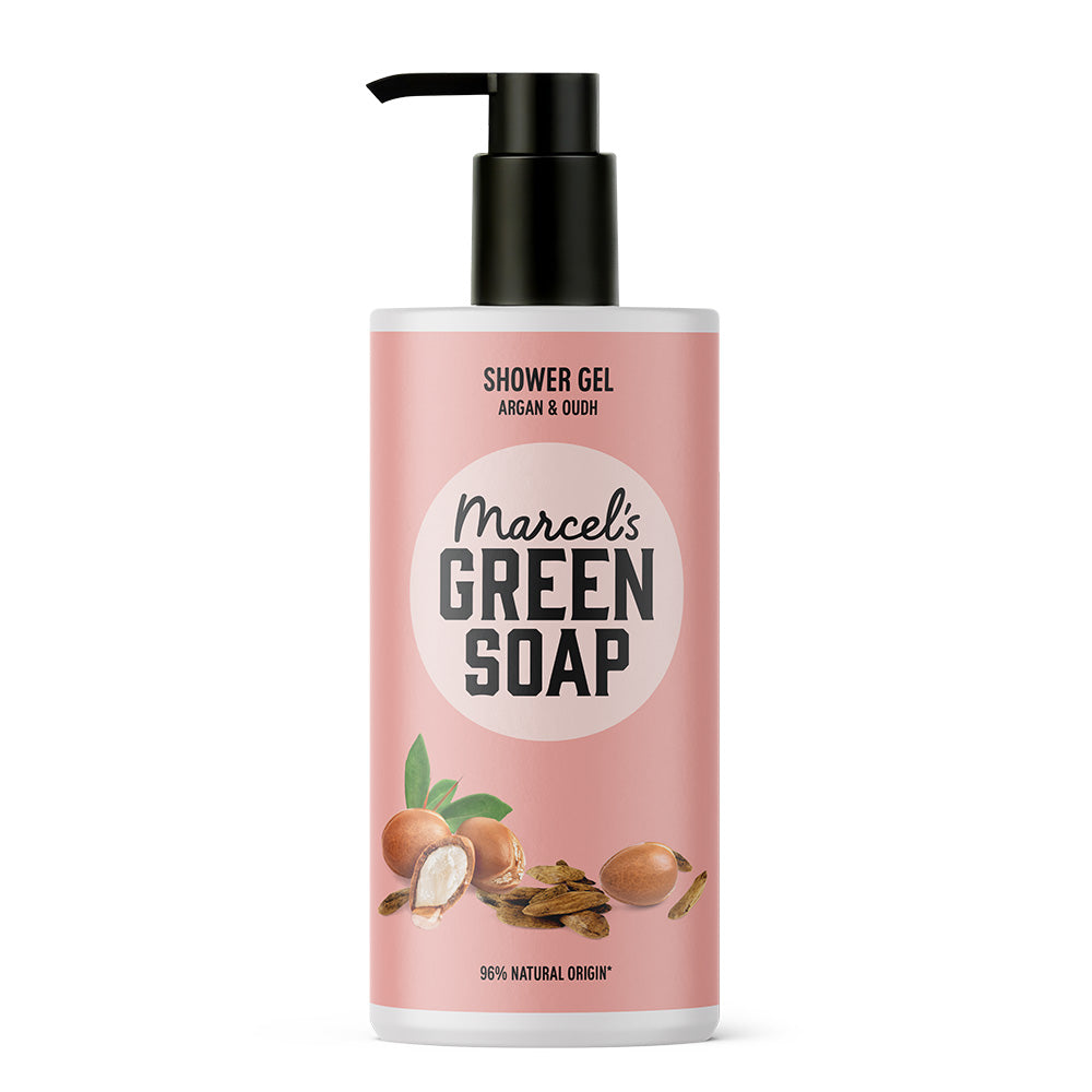 Marcel's Green Soap shower gel in a 300ml bottle, featuring Argan & Oudh scent, with a sleek green packaging and pump dispenser.