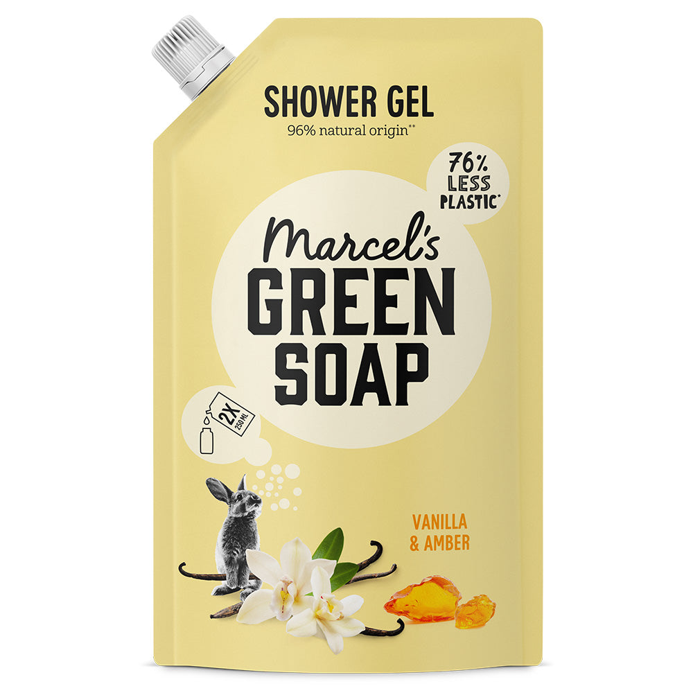 Marcel's Green Soap vanilla and amber shower gel refill bottle, 500ml, for bad en douche with natural ingredients.