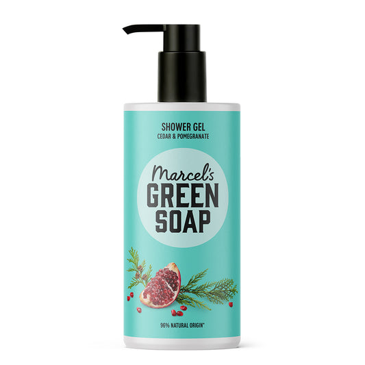 Marcel's Green Soap Cedar & Pomegranate shower gel in a 300ml bottle, ideal for refreshing bad en douche use.