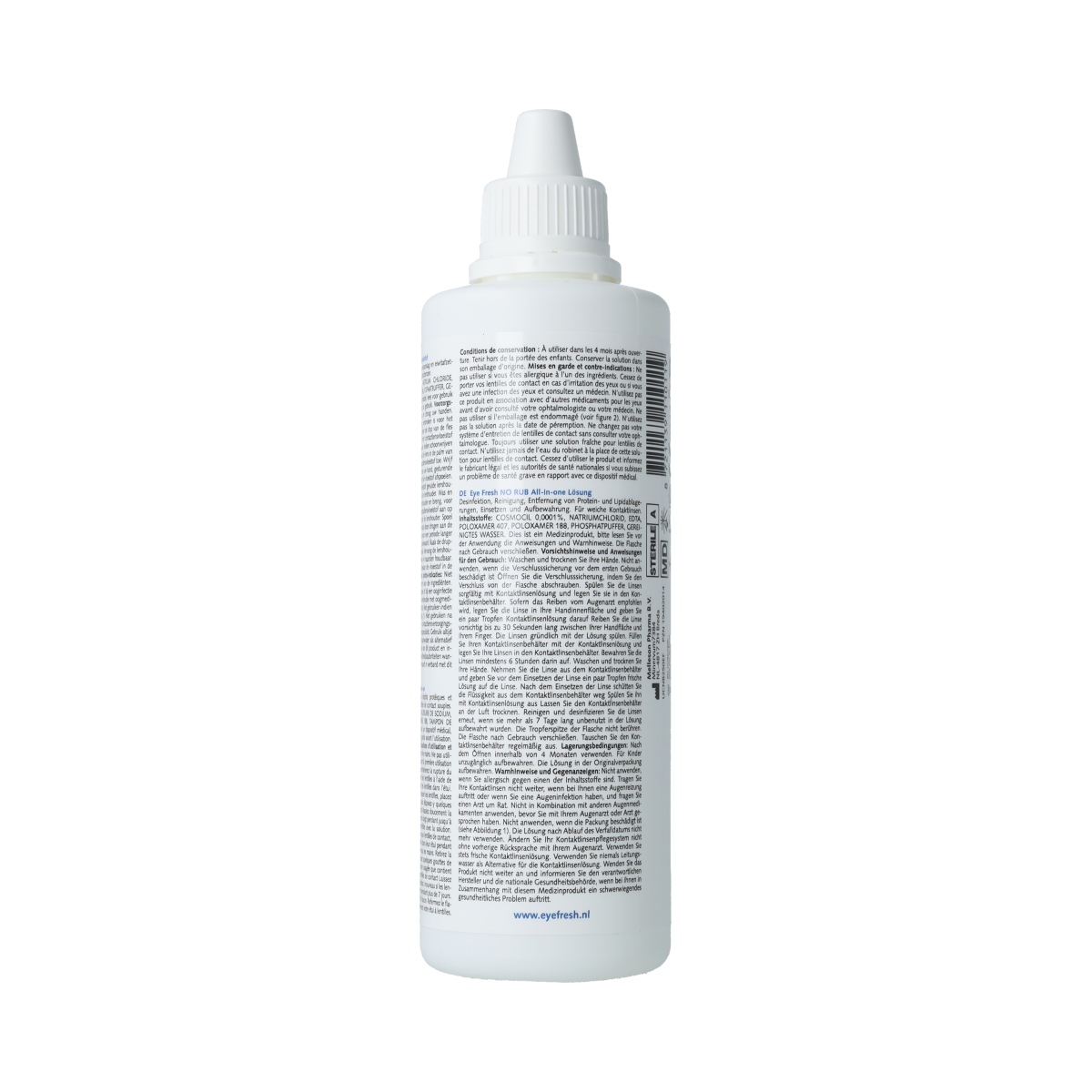Eyefresh No Rub Alles-in-één contact lens solution for soft lenses, 250ml, eye care product with bottle and label visible.