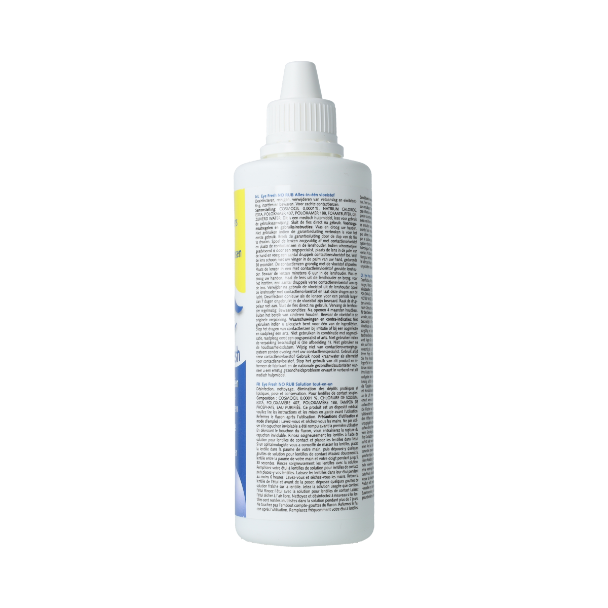 Eyefresh No Rub all-in-one contact lens solution in a 250ml bottle, eye care product for soft lenses.