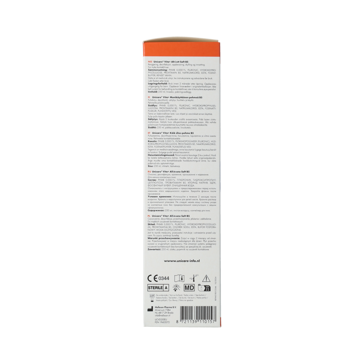 Unicare Vita+ zachte lenzenvloeistof voor contactlenzen, 250 ml fles, optiek product with branding on the label