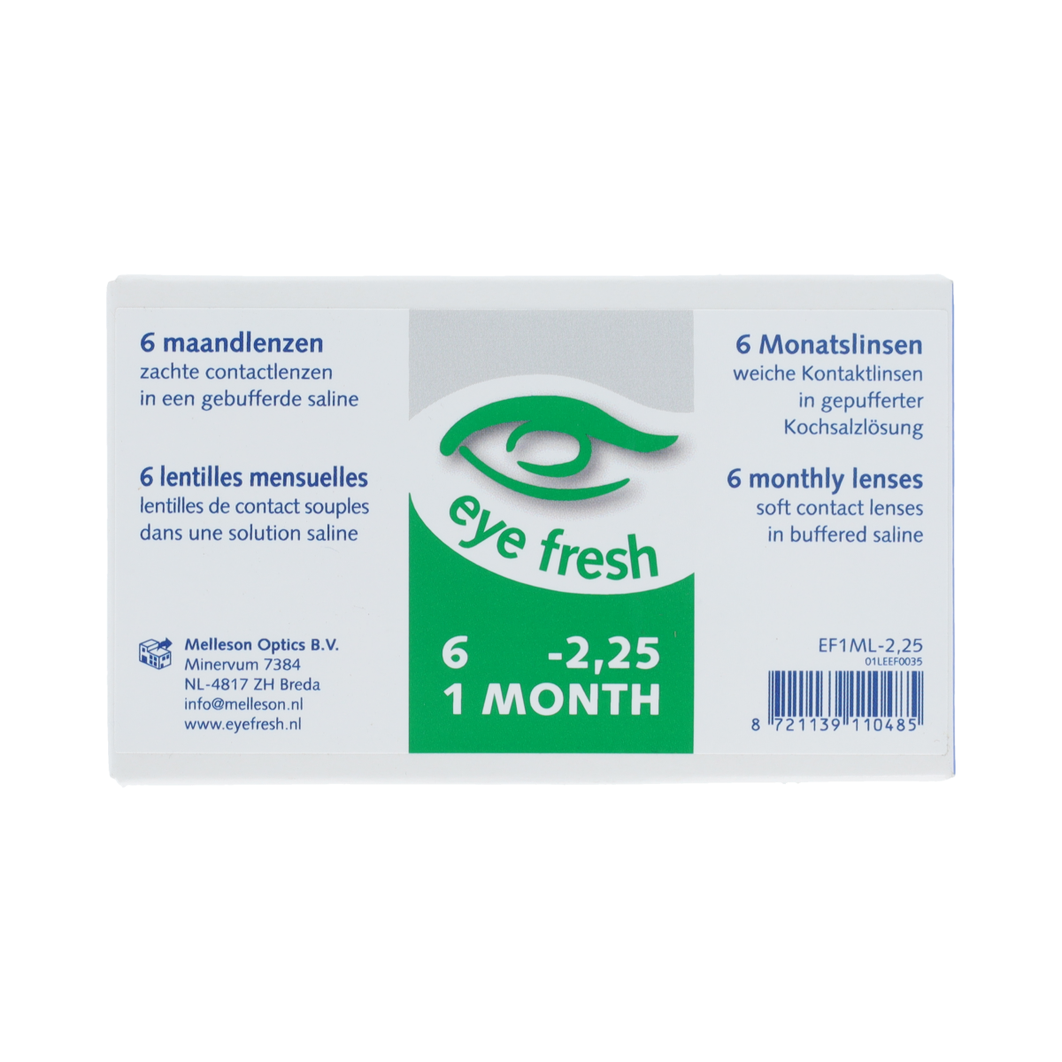 Eyefresh Eye Fresh contact lenses in a 6-pack, -2.25 prescription, showing six clear lenses in a blister pack.