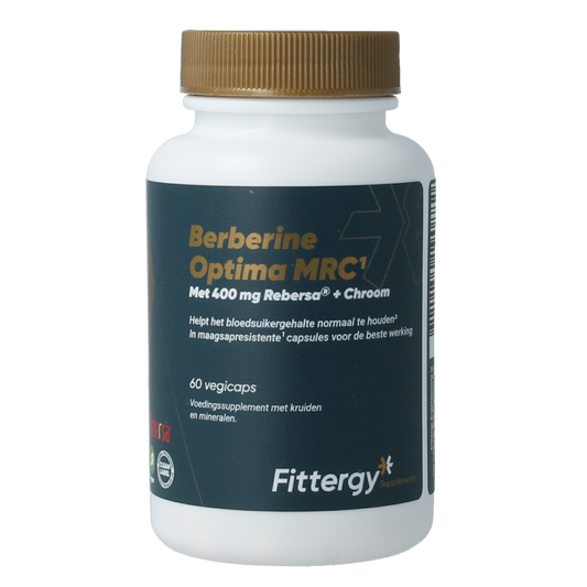 Fittergy Berberine Optima MRC vegetarian capsules in a bottle, herbal supplement for health and wellness.