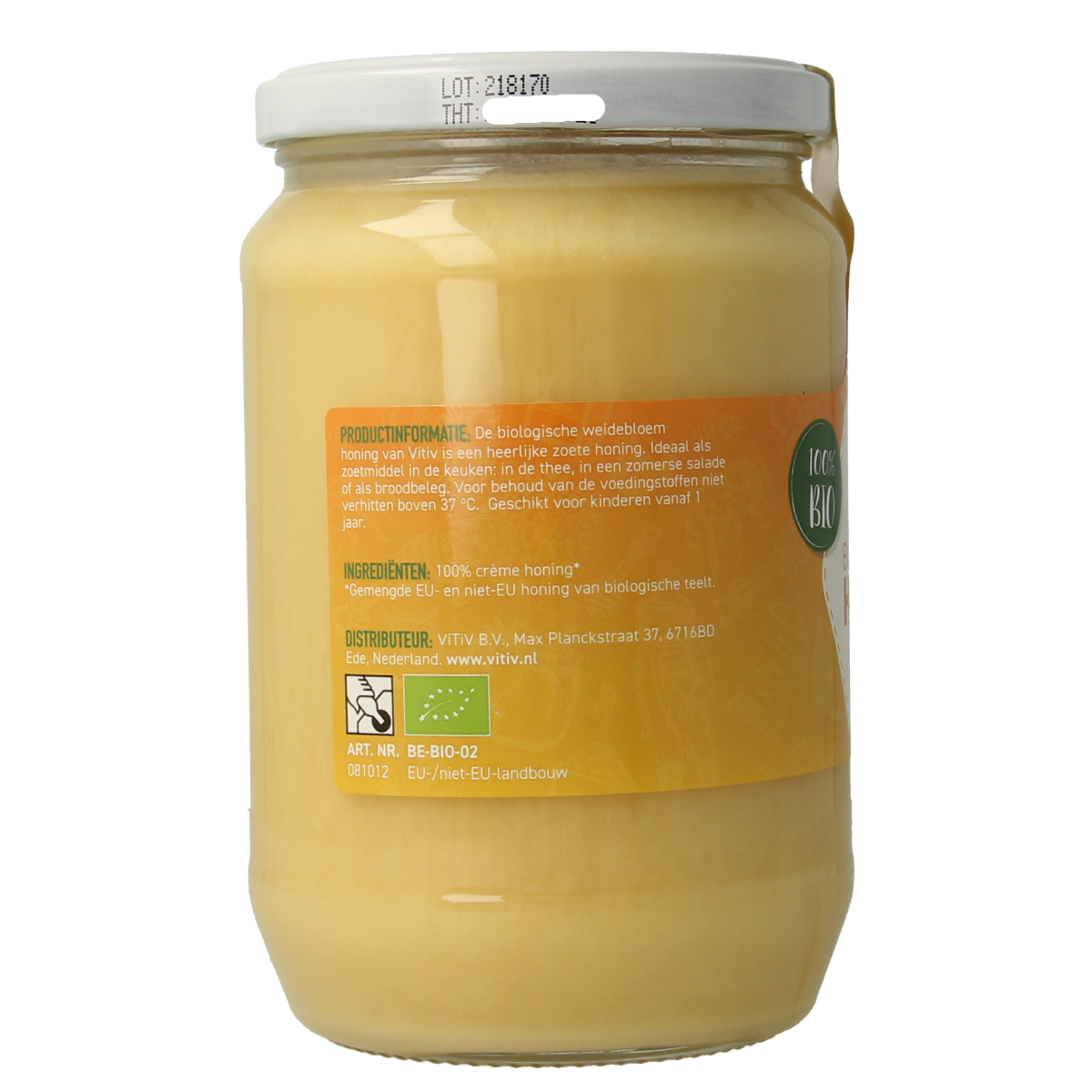 Vitiv bio honey cream jar with 900g label, smooth honey spread in a clear glass container.