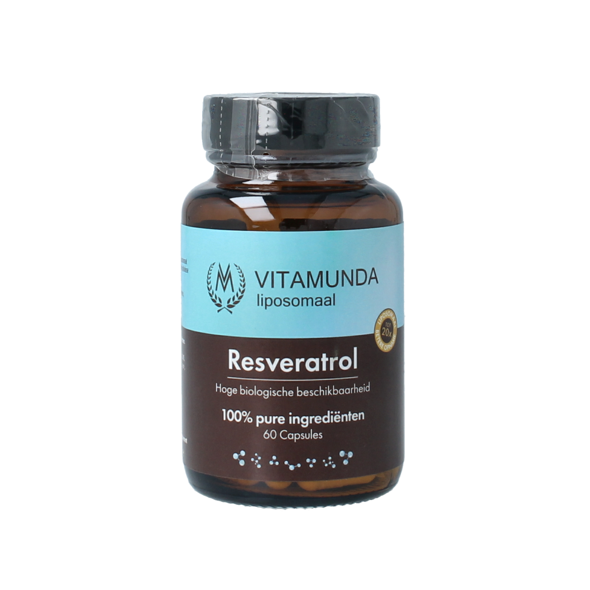 Vitamunda Liposomale Resveratrol capsules, dietary supplement, showing a bottle with 60 capsules on a white background.