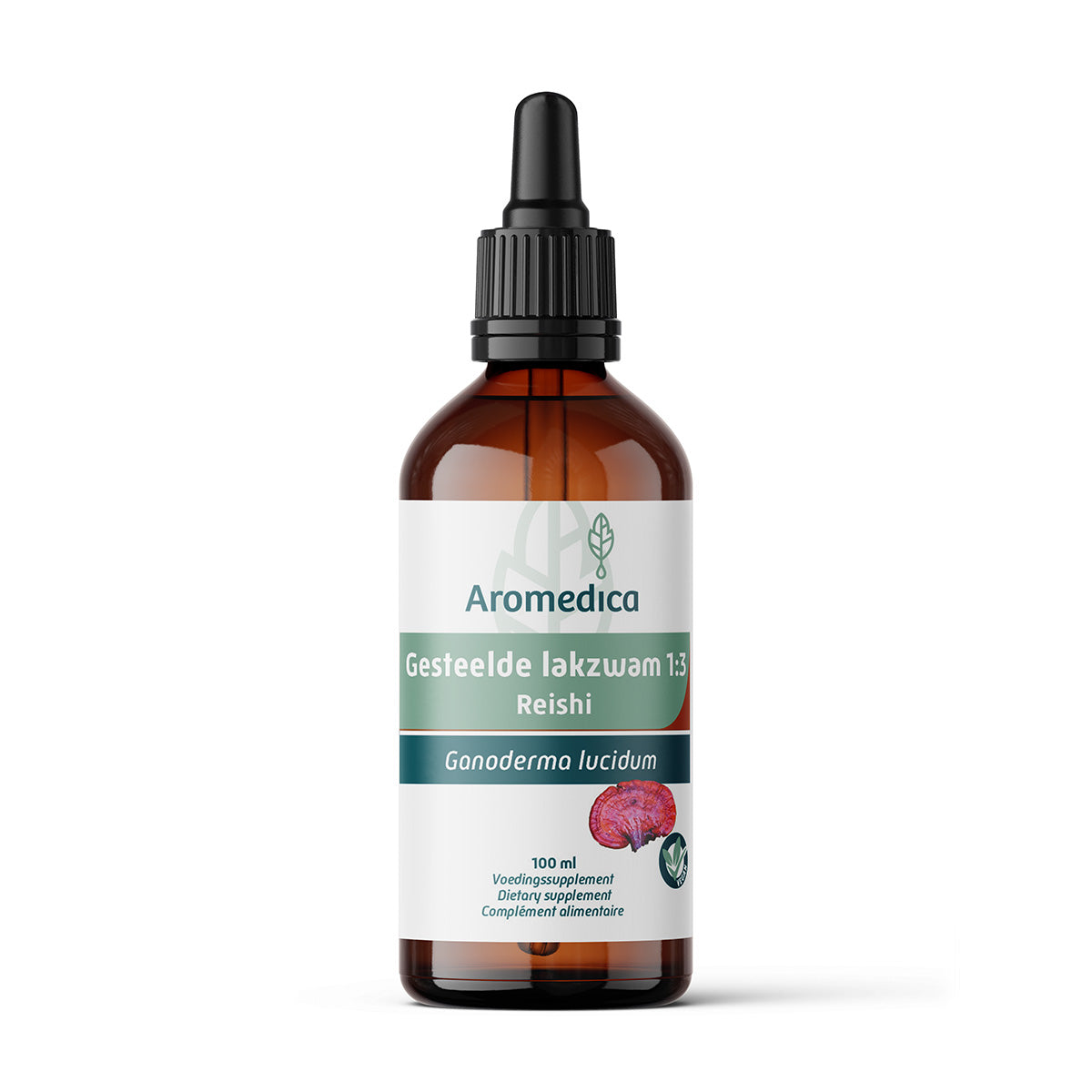 Aromedica Gesteelde lakzwam reishi herbal supplement in a 100ml bottle, featuring a white label with green and red accents.