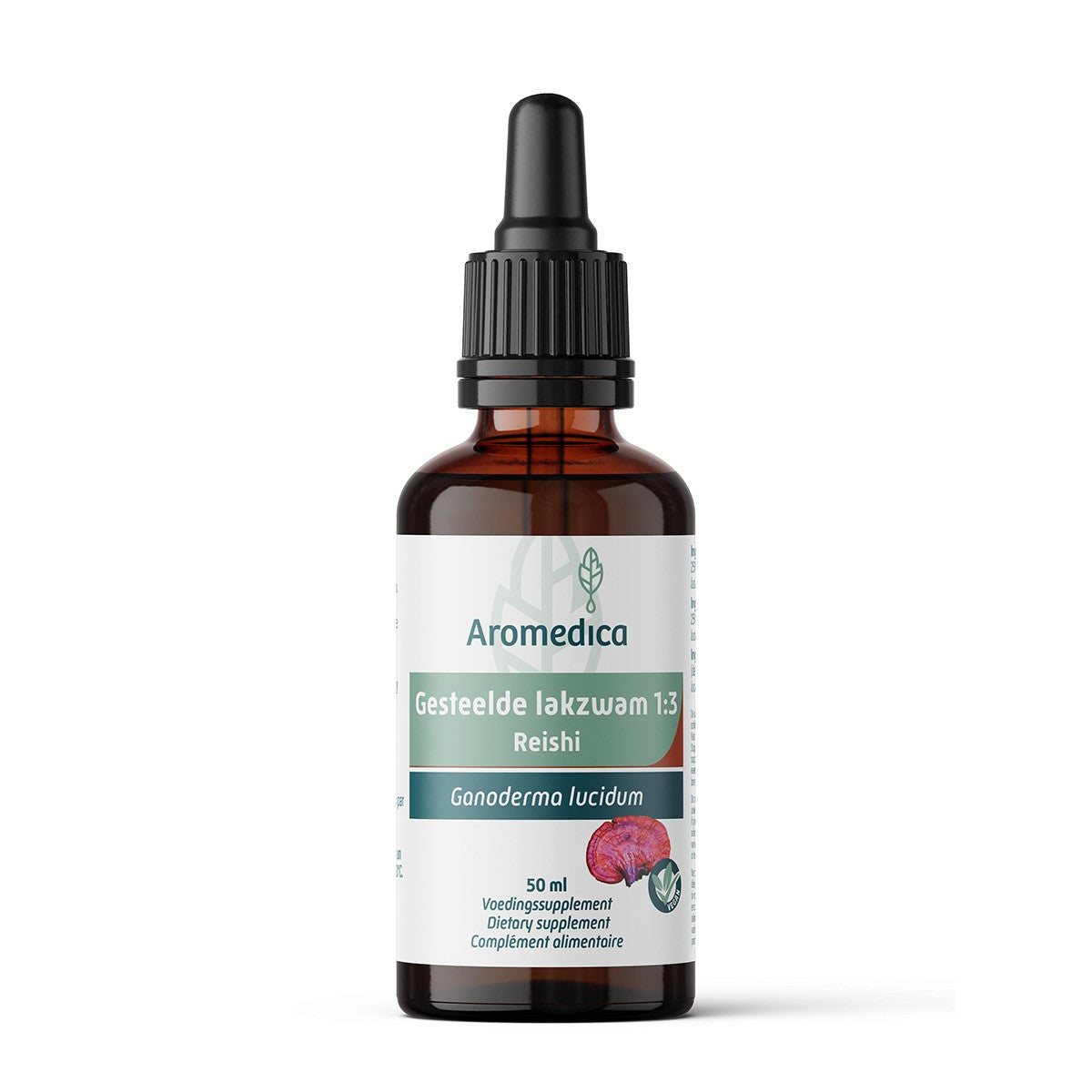 Aromedica Gesteelde Lakzwam Reishi herbal supplement bottle, 50ml, with herbal ingredients and product label visible.