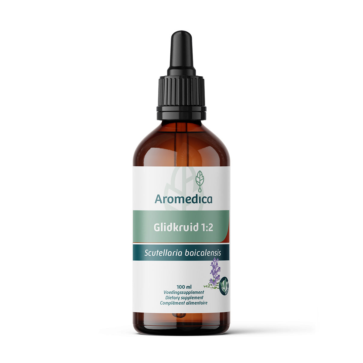 Aromedica Glidkruid/scuttelariat herbal preparation bottle with label, 100ml, in clear glass container for natural remedies.