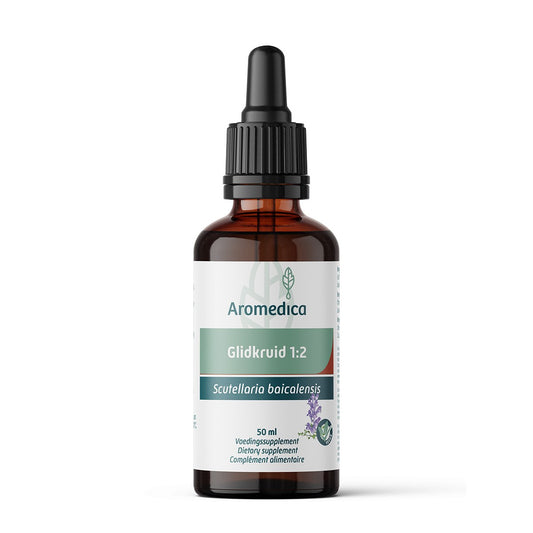 Aromedica Glidkruid Scuttelaria herbal supplement bottle with label, 50ml, in a natural setting.