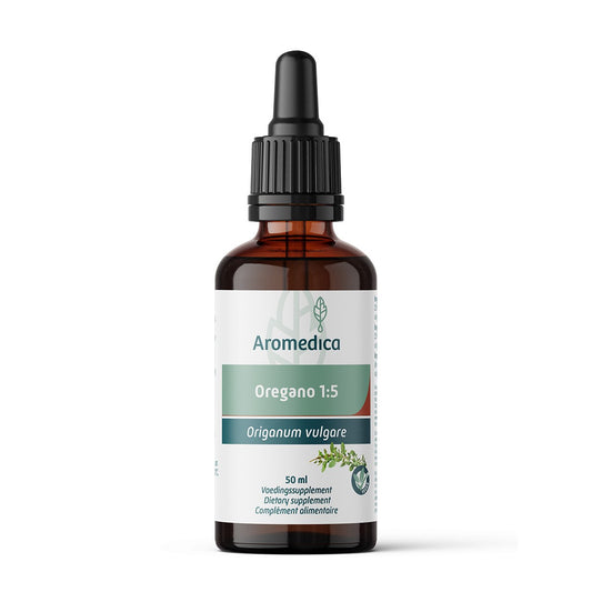 Aromedica Oregano 1:5 herbal extract in a 50ml bottle, part of Aromedica's herbal preparations, with a label showing product details.