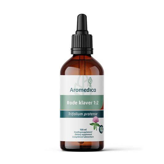 Aromedica Rode klaver kruidenpreparaat in 100ml bottle, featuring herbal extract with botanical ingredients and label details.