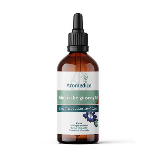 Aromedica Siberische Ginseng 1:1 herbal preparation in 100ml bottle, featuring the product label and herbal ingredients.
