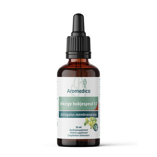 Aromedica Kruidenpreparaten Vlezige hokjespeul 1:1 50ml bottle with herbal extract label and transparent cap.