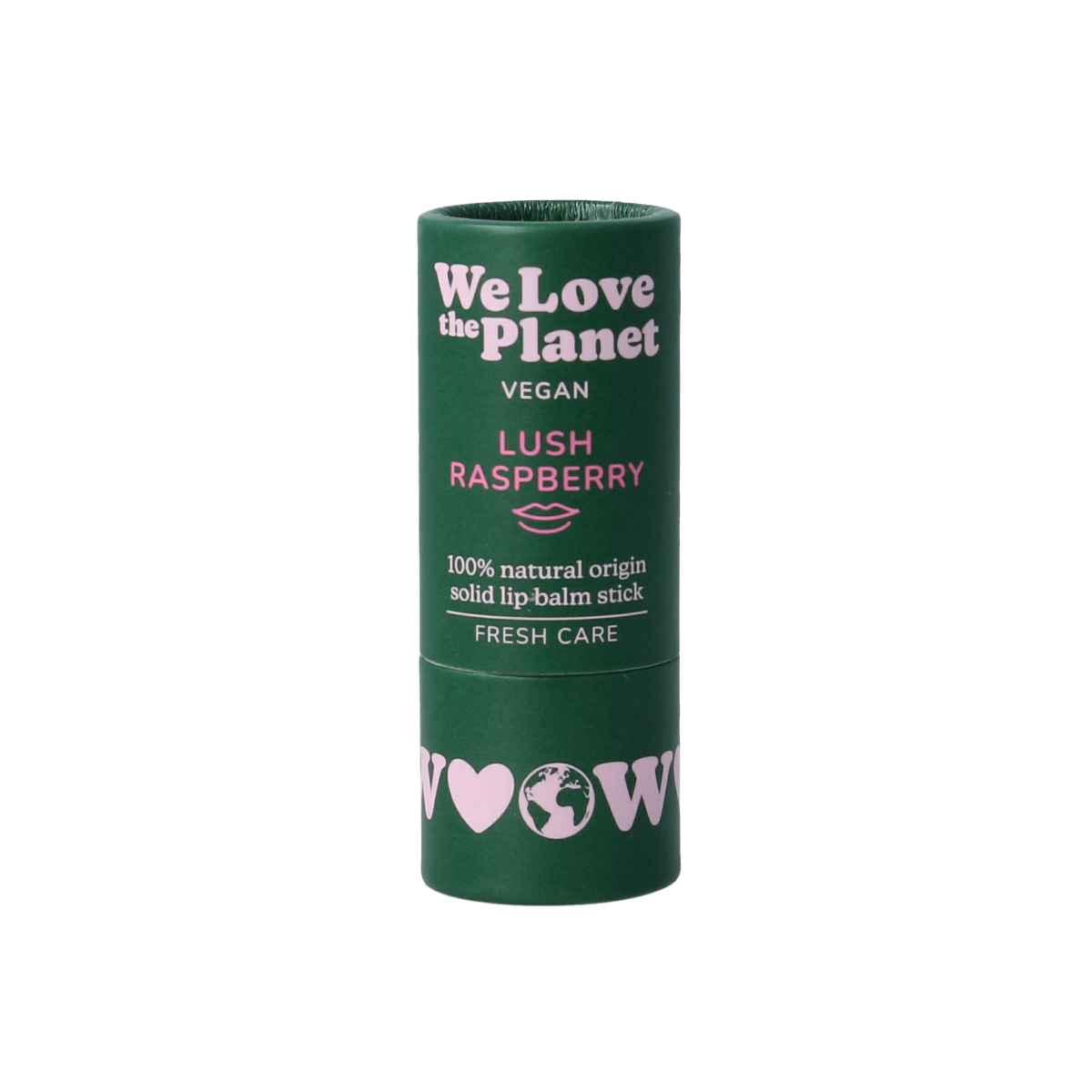 We Love The Planet vegan raspberry lip balm in a 7g container, showing the lush raspberry flavor and natural lip care packaging.
